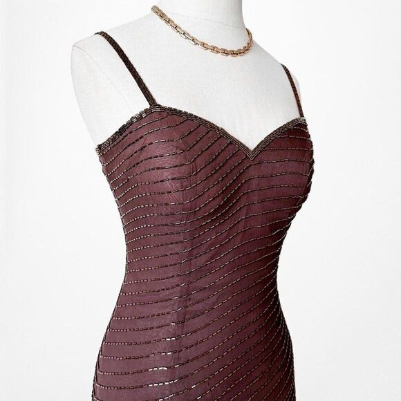 Vintage Y2K Brown Beaded Silk Knee Length Side Slit Bodycon Dress Size XS - Picture 6 of 7